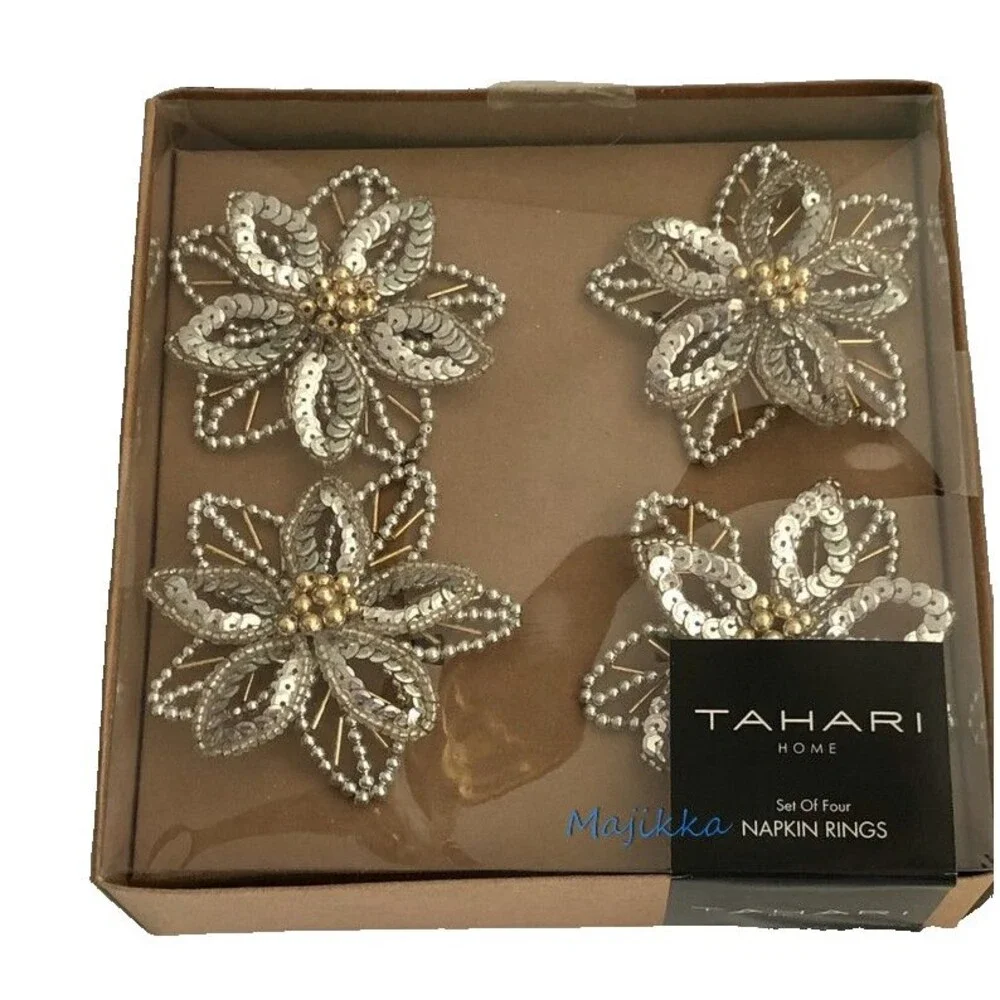 Tahari Poinsettia Flower Napkin Rings Beaded Silver Christmas Holiday Set of 4